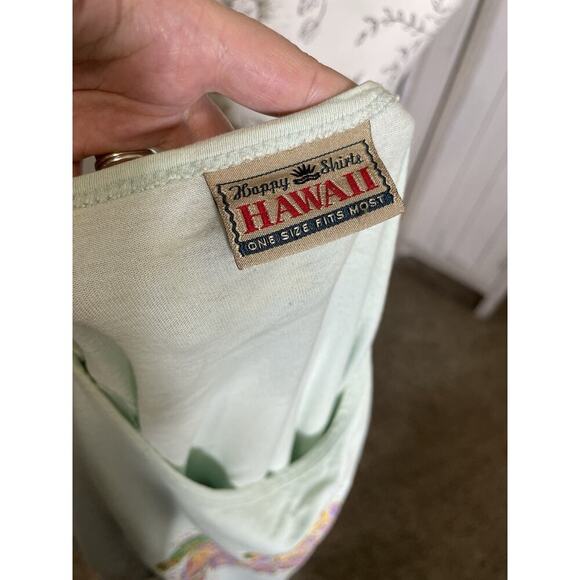 Vintage 90's Hawaii Floral Flowers One Size T Shirt Light Green Vtg Happy Shirts - Picture 3 of 8